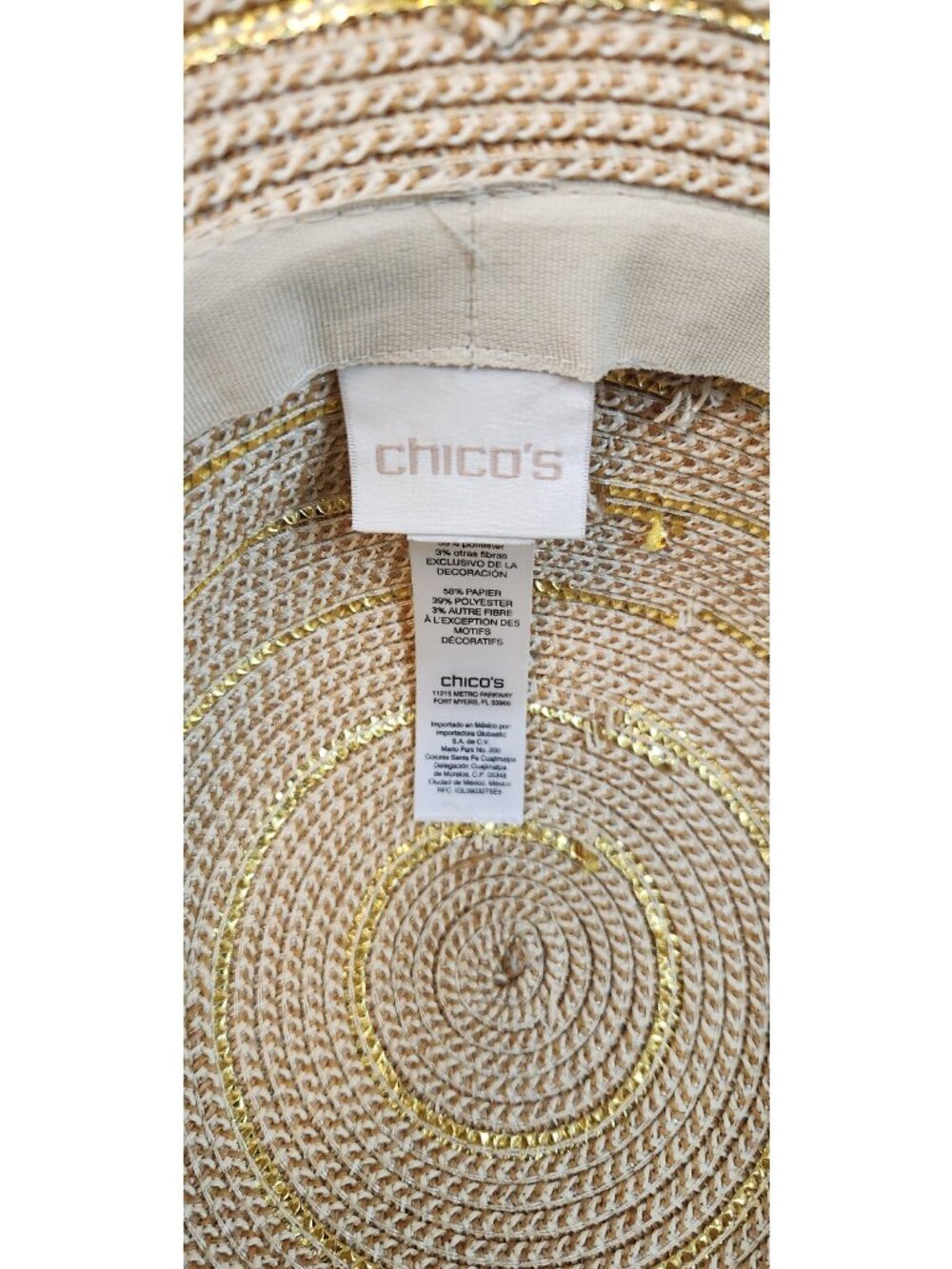 Chicos Paper Polyester Tan w Gold Stri Wide Brim Large Shade Summer Sun Hat USED - Picture 5 of 5
